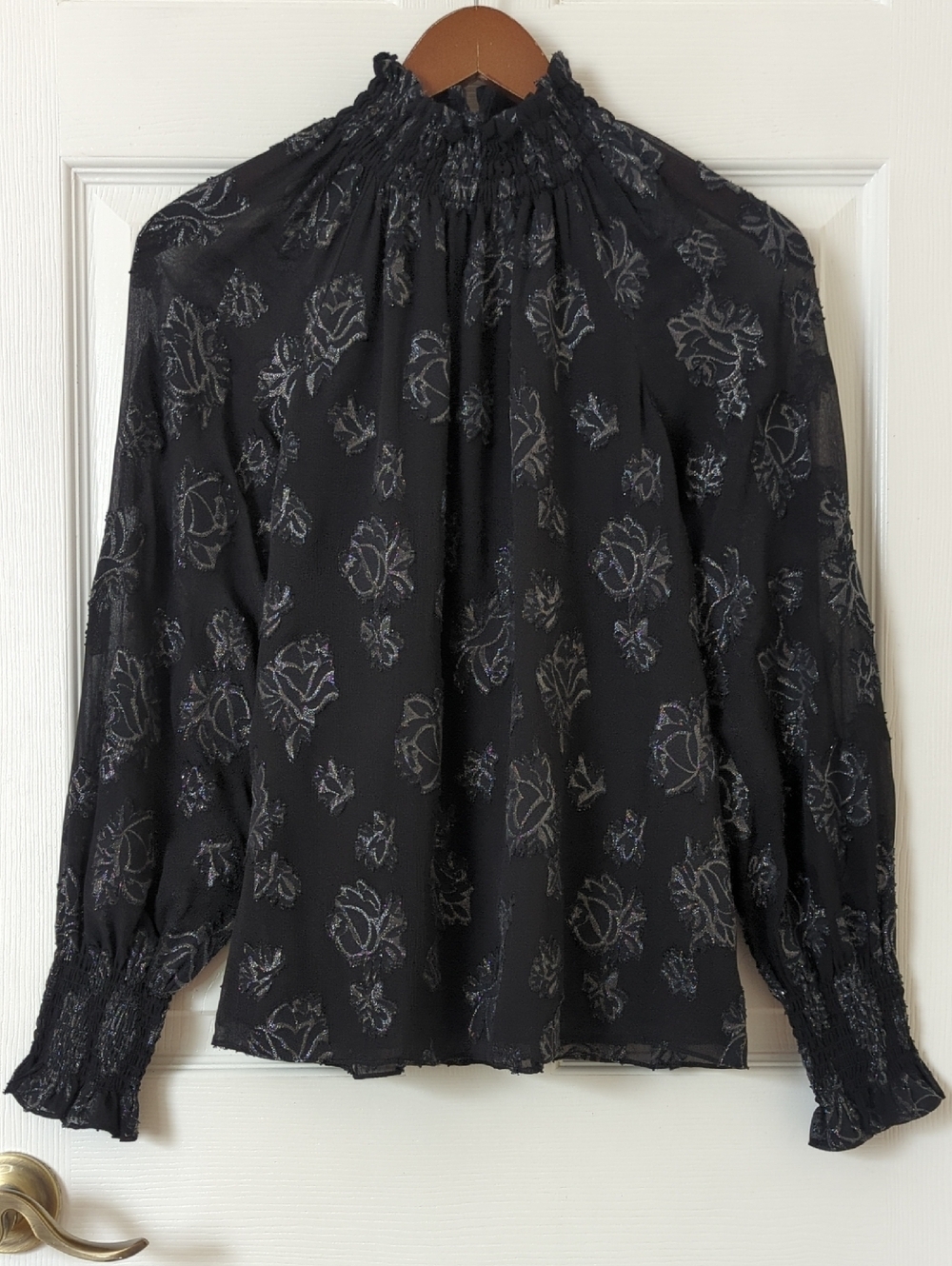 Rebecca Taylor Silk Blend Rose Clip Smocked High Neck Long Sleeve Blouse Black 2
